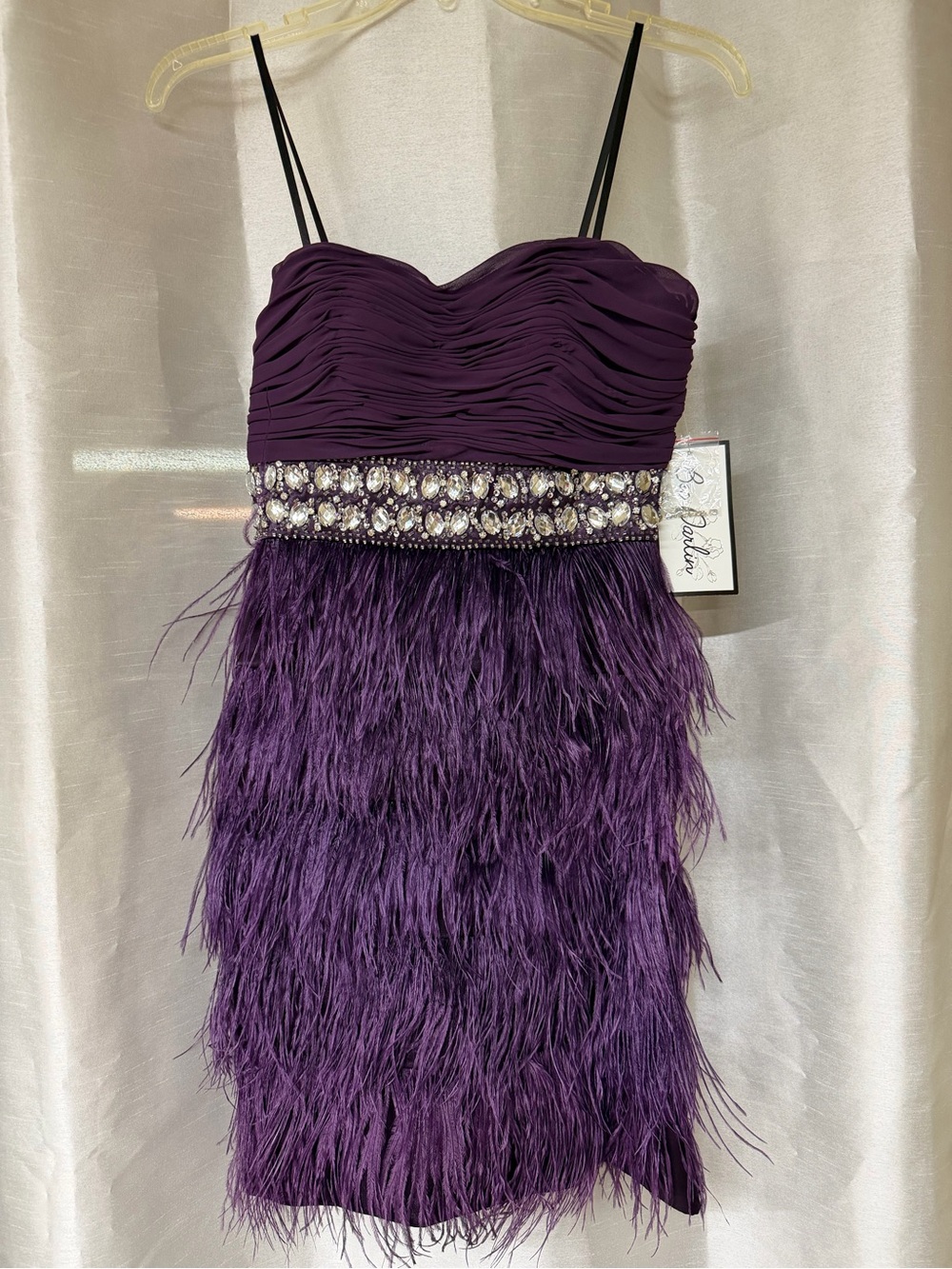 Embellished Feather-Trim Midi Dress in Purple